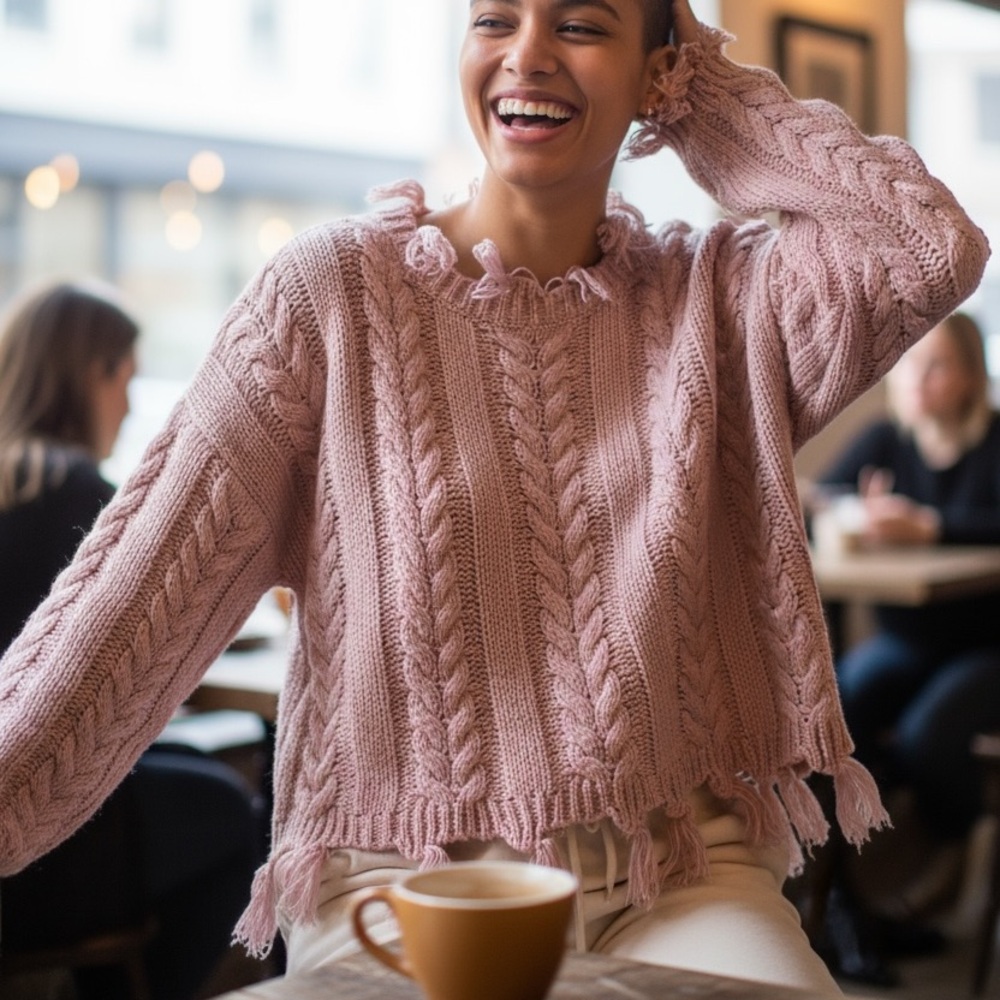 ALTAR’D STATE Pink Cable Knit Cropped Pullover Sweater with Fringe Hem & Cuffs